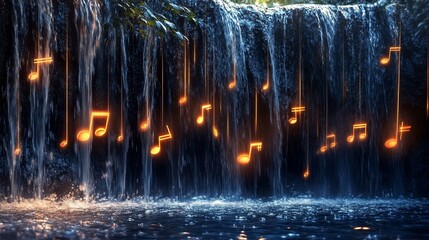 Glowing Musical Notes Fall with Waterfall Creating a Serene and Melodic Scene