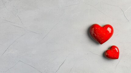 Two Red Heart-Shaped Decorations on a Grey Textured Surface Symbolizing Love and Affection for Romantic Celebrations and Sentimental Moments
