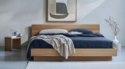 Generative AI, Modern Minimalist Bedroom with Wooden Bed Frame and Neutral Tones