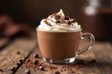 delicious hot chocolate in glass mug topped with whipped cream and chocolate shavings. cozy autumn or winter drink, menu poster design. cup of coffee with foam