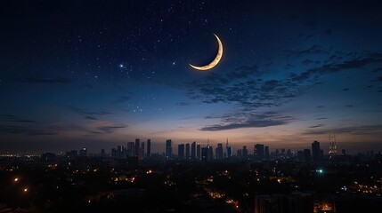 Fototapeta premium Stunning Night Sky with Crescent Moon and Stars Over City Skyline at Dusk in an Urban Metropolis