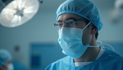  Surgeon in blue scrubs and surgical cap looking focused