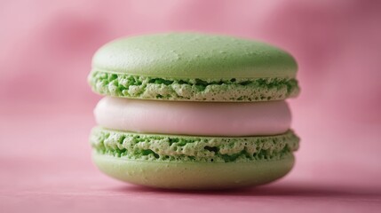 A plump, 3D macaron, its pink backdrop providing a soft glow, reveals its intricate details in a side view. The top and bottom of the macaron are adorned with vibrant green matcha, while a thick,
