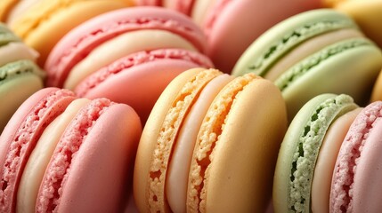 A vibrant display of macaroons in shades of pink, yellow, and green nestled harmoniously on a pristine light beige backdrop, ready to capture the attention of any dessert enthusiast.