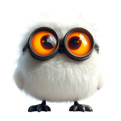 Fluffy 3D Cartoon Bird with Glowing Binoculars Isolated on Transparent Background