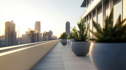 Fototapeta premium Modern Urban Balcony with Potted Plants and City Skyline View