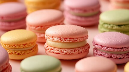 A vibrant display of macaroons in shades of pink, yellow, and green nestled harmoniously on a pristine light beige backdrop, ready to capture the attention of any dessert enthusiast.