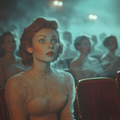 A hyper-realistic vintage 1950s movie theater filled with ghostly, translucent patrons, all sitting unnaturally still. The theater has a dark, nostalgic elegance—red velvet seats 