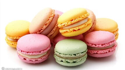 A vibrant display of pastel macaroons in pink, yellow, and emerald green, artfully arranged on a pristine white backdrop, promising a burst of sweetness and color.