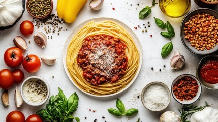 A meticulously organized studio, a bird is-eye view reveals a pristine white surface upon which a symphony of vibrant ingredients for spaghetti and meat sauce is artfully arranged. Each element, a