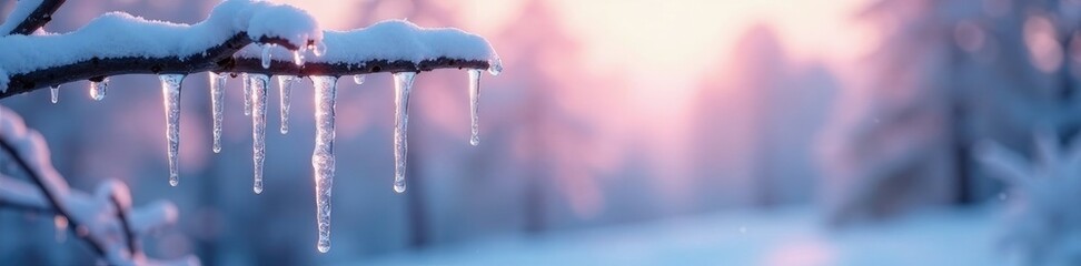 Fototapeta premium Icicles hanging from a frozen branch with pastel colors, icy, winter wonderland
