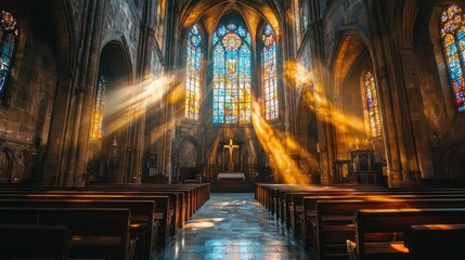 Fototapeta premium Sunlight streams through stained glass windows in a historic church