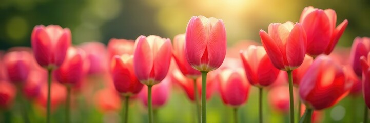 Fototapeta premium Pink and red tulips swaying gently in the breeze, colors, tulips, gardens