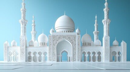 Fototapeta premium White Mosque Front Facade, Islamic Architecture, Digital Rendering, Light Blue Background