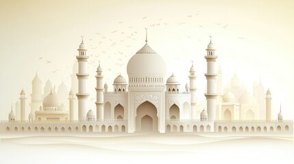 Elegant Islamic Mosque Cityscape, Soft Beige Hues, Birds Soaring Above