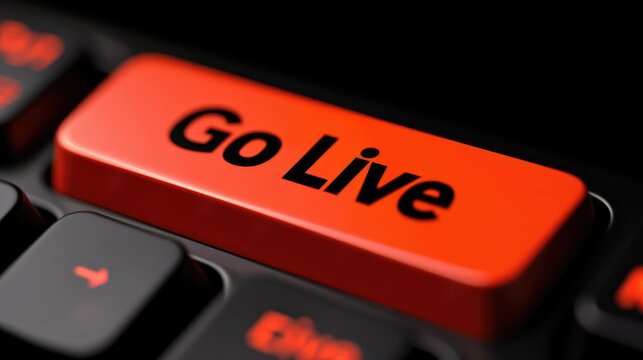 A close-up of a bright red "Go Live" button on a keyboard, symbolizing the start of a live broadcast or streaming event.