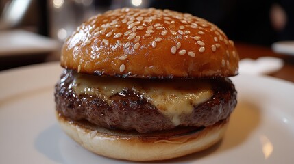 A juicy, glistening hamburger, with its sesame seed bun and melted cheese, stands majestically against the pristine backdrop of a white plate.