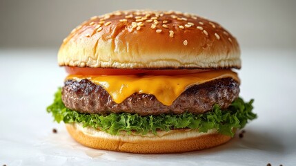 A juicy patty beef burger, adorned with a melty slice of cheese, sits majestically on a solid white backdrop, its simple elegance enhanced by a delicious, food-photography style shot.