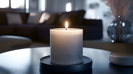 A sleek decorative candle with a soft ambient glow on a modern table, paired with elegant decor details and rendered in clear HD clarity.