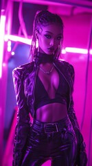 A striking model showcases bold style with a leather jacket and crop top, illuminated by vibrant pink neon lights. The atmosphere exudes confidence and urban flair, creating a captivating mood