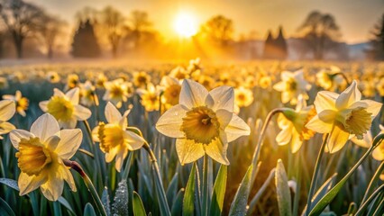Obraz premium Golden Sunrise Over a Field of Daffodils in Springtime Beauty