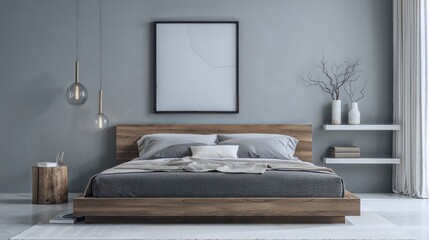 Generative AI, Modern Minimalist Bedroom with Wooden Bed Frame and Neutral Tones