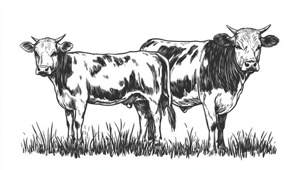 Vintage Cow Sketch: Two Cows in Grass 
