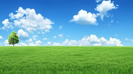 Obraz premium Lush Green Field Under a Bright Blue Sky with Fluffy Clouds and a Solitary Tree