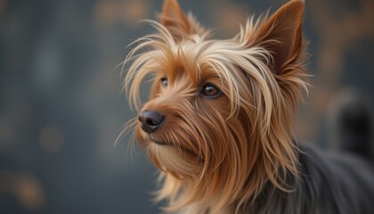 Naklejka premium Close-Up of a Yorkshire Terrier with a Silky Coat and Pointed Ears