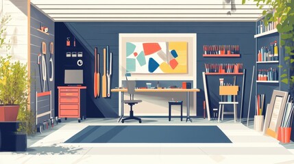 A vibrant and well organized studio workspace is depicted