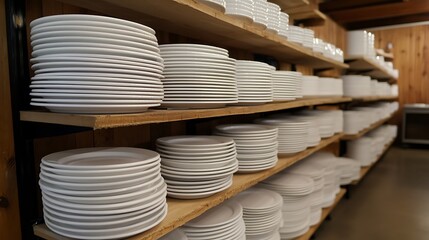 Stacks of clean white plates on wooden shelves in a kitchen or restaurant.