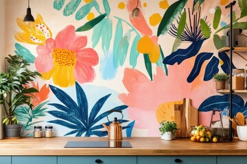 A colorful floral and botanical mural adorns a stylish modern kitchen