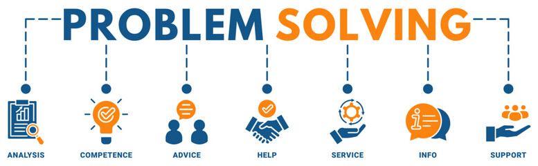 Problem solving banner web icon vector illustration concept with icon of analysis, competence, advice, help, service, info, support 