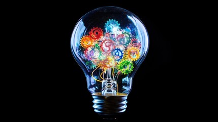 Feature a light bulb filled with colorful gears and electrical circuits, symbolizing the energy and connectivity between creativity and technology.