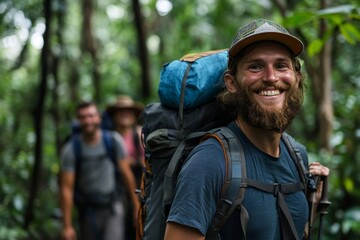 Obraz premium Happy backpacker and his friends hiking in forest