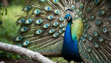 Obraz premium Peacock with Colorful Feathers Spread Wide – Close-Up in Natural Setting