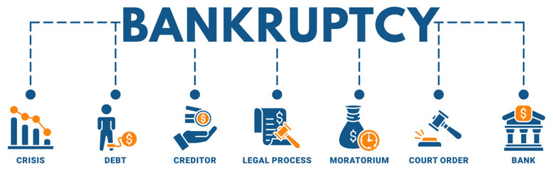 Bankruptcy banner web icon vector illustration concept with icon of crisis, debt, creditor, legal process, moratorium, court order, and bank 