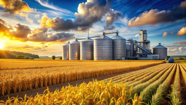 Golden Wheat Field with Grain Silos Under a Dramatic Sunset Sky