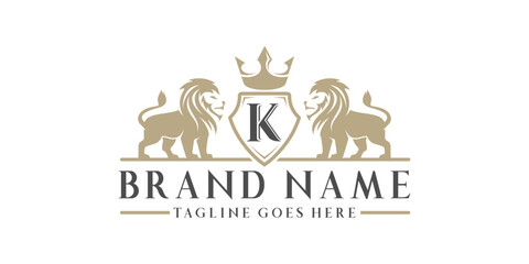 Luxury Lion crest heraldry logo. Elegant gold heraldic shield icon. Premium brand identity emblem.