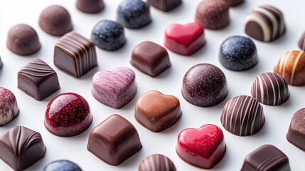 A vibrant tableau of chocolate, where an assortment of shapes and sizes, from delicate hearts to playful swirls, defied gravity, floating against the stark white backdrop, creating an abstract