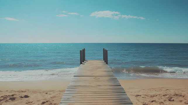 A serene beach landscape featuring a wooden dock extending into the calm ocean waters under a clear sky creating a peaceful atmosphere