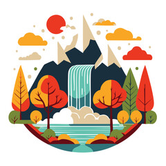 Fototapeta premium A vibrant vector illustration of a scenic mountain landscape featuring a cascading waterfall, lush autumn trees, and a clear blue sky.