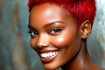 Fototapeta premium Commercial promotion creative art. Attractive smiling black girl - for ads, advertisement and web banner use. Short hairdo - red hair. Black model shoot. Black girl style. Artistic black ads.