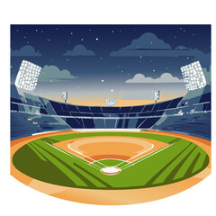 A stylized vector illustration of a baseball stadium at night, illuminated by bright floodlights under a starry sky.

