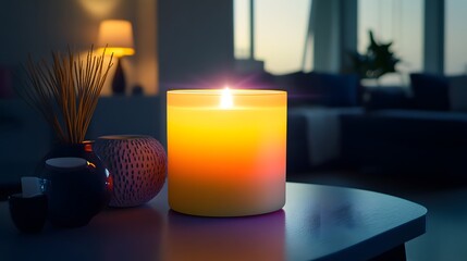 A vibrant decorative candle with soft radiance placed on a modern table alongside tasteful decor elements, captured in lifelike HD detail.
