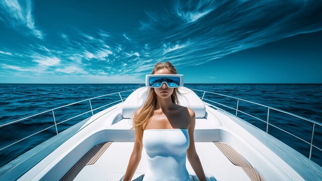 Frau mit Sonnenhut auf dem Bug einer wei&szlig;en Yacht bei blauem Meer und Himmel