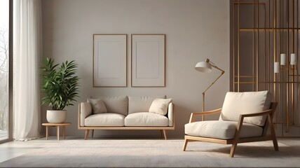 Modern minimalist interior with an armchair on empty warm white color wall background- 3D rendering.