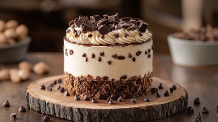 A decadent masterpiece, layered with creamy peanut butter and a glossy chocolate crown, nestled on a rustic wooden platter adorned with scattered chocolate chips, bathed in the warm glow of natural