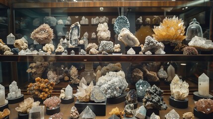 A museum display of geological specimens, including crystals, minerals, and fossils, all carefully arranged.