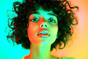 Fototapeta premium Commercial digital ads conceptual art. Short hairdo - curly hair. Lovely happy mixed-race girl - for ads, magazine ad and internet use. Portrait advertising woman. Short hair style fashion.